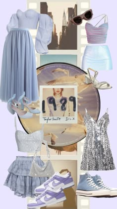 a collage of various items including shoes and dresses