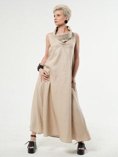 Large Collar Linen Dress / Beige Linen Long Dress / Sleeveless Summer Dress Beige Linen A-line Maxi Dress, Beige A-line Linen Maxi Dress, Beige Sleeveless Linen Dress, Sleeveless Beige Linen Maxi Dress, Linen Long Dress, Sleeveless Summer Dress, Long Linen Dress, Dress Beige, Sleeveless Dress Summer