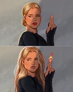 two pictures of a woman holding a lit match in one hand and the other pointing at something