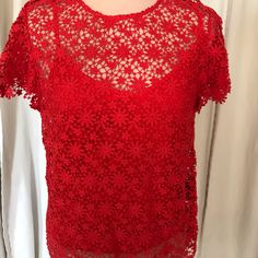 Ralph Lauren Crochet Top With Attached Tank Nwt Red Fitted Red Lace Top, Red Lace Top For Spring, Red Short Sleeve Tops For Evening, Red Fitted Lace Top, Red Lace Tops For Summer, Elegant Red Lace Top, Red Fitted Crochet Lace Top, Fitted Red Crochet Top, Red Lace Tops For Spring