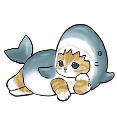 a drawing of a cat laying on the ground next to a narwhale