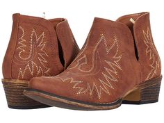 Roper Ava - Cowboy Boots : Tan Faux Leather/Embroidered Shaft : The Roper Ava booties are the perfect fit of Western chic and modern comfort. Fashion ankle boot made of a faux-leather upper with deep V-panels for easy movement and a stylish look. Soft man-made lining for a comfortable fit and feel. Padded insole for added underfoot comfort. Stacked heel with a scoured detailing. Snip toe. Lightweight man-made outsole with rubber heel cap for reliable traction. Imported. Measurements: Heel Height Western Slip-on Boots For Fall, Western Slip-on Boots With Removable Insole, Western Ankle-high Faux Leather Boots, Brown Ankle Boots With Cushioned Footbed, Brown Cushioned Ankle Boots, Ankle Boots With Cushioned Footbed For Fall, Spring Ankle Boots With Cushioned Footbed, Western Faux Leather Ankle Boots, Western Style Ankle Boots In Faux Leather