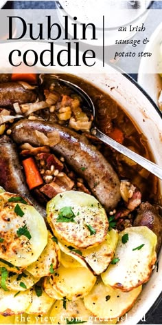 a pot filled with meat and vegetables on top of a table next to a spoon