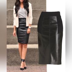 Diane Von Furstenberg Adame Black Leather Combo Pencil Skirt Size-6 Length-26”, Waist-26” Color-Black Black Leather And Wool Knit Midi Length, Designed To Be Worn At The Waist Mid-Weight, Slightly Stretchy Leather/Fabric Concealed Zip Fastening At Side 100% Leather; F2: 76% Wool, 21% Nylon, 4% Spandex; Lining: 95% Silk, 5% Spandex Dry Clean. Note: Minor Loose Threads On Knit Waist. Please View All Pictures For Details. Wool Knit, Knit Midi, Leather Fabric, Von Furstenberg, Diane Von, Diane Von Furstenberg, Midi Length, Black Color, Pencil Skirt