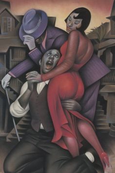 a painting of a man being hugged by a woman in a red dress and hat