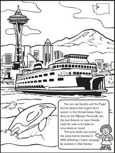 a coloring page with an image of a boat and the space needle in seattle, washington