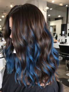 Hair Color Ideas Highlights Blue, Blue Hair Color On Brown Hair, Blue Brown Balayage, Ideas On How To Dye Your Hair, Brown Hair Ideas Color, Blue Over Brown Hair, Subtle Blue Hair Brunette, Blue Balyage Long Hair Brunettes, Cute Blue Hairstyles