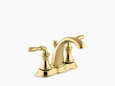 a golden faucet with two handles and nozzles on the side, against a white background