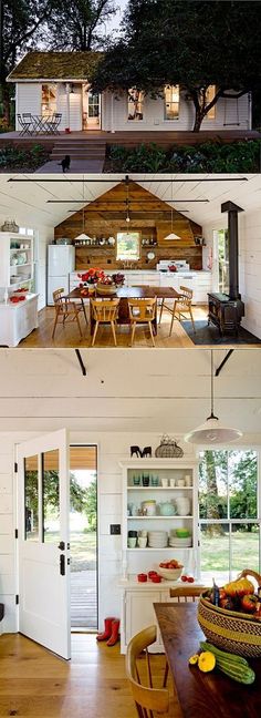 two pictures show the inside and outside of a house