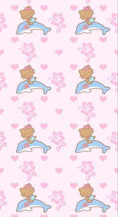 a pink and blue wallpaper with teddy bears on the dolphin, hearts and flowers