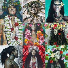 several pictures of native people with flowers in their hair and tattoos on the chest, one is