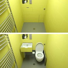 two pictures of a bathroom with yellow walls and grey flooring, one has a toilet and the other has a sink