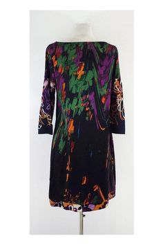 Size Small Multi-Color Print Shift Dress Body 94% Silk 6% Elastane Slips on Cropped sleeves Shoulder to Hem 36" Multicolor Dresses With Vibrant Print For Fall, Fall Multicolor Dress With Vibrant Print, Fitted Multicolor Dresses For Fall, Fitted Multicolor Dress For Fall, Multicolor Long Sleeve Stretch Dress, Multicolor Long Sleeve Dress With Vibrant Print, Purple Printed Dress For Fall, Purple Printed Fall Dress, Colorful Long Sleeve Dresses For Fall