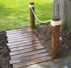 a wooden walkway next to a tree with rope on the end and grass in the background