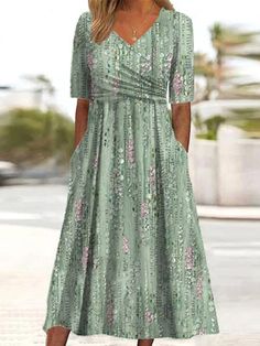 Zolucky offers stylish and concessional Dresses.. SPU: 294KDR5E4F56, Color: Green, Elasticity:Micro-Elasticity, Accessories:No. Neckline Pattern, Elegant Mini Dress, Camellia Flower, Spring Floral Dress, V Neck Midi Dress, Plant Print, Green Midi Dress, Maxi Dress Green, Spring Floral