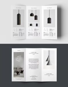 an open brochure with black lamps hanging from it's sides and the inside pages