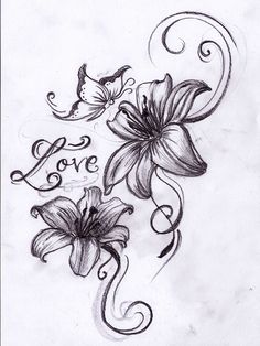 a drawing of flowers with the word love written on it in cursive writing