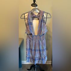 Aerie Halter Mini Dress Sz Sm Color Blue/Pink/White Plaid Length 21” (From Where Halter Meets Waist To Bottom Hem) Open Back Ruffle Hem Lining Is Blue Nwt, Never Worn Preppy Mini Dress For Summer, Preppy Sleeveless Summer Dress, Preppy Summer Mini Dress, Blue Tie Back Dress For Picnic, Blue Tie-back Dress For Picnic, Casual Gingham Dress With Tie Back, Gingham Cotton Mini Dress For Beach, Gingham Cotton Mini Dress For The Beach, Casual Gingham Mini Dress For Vacation