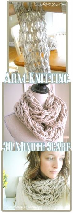 three pictures of different types of knitted scarves on mannequins with text overlay that says arm knitting 30 minute scarf