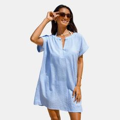 Women's Pinstriped Seersucker Cover-Up Dress - Cupshe Casual Seersucker Summer Dress, Summer Beach Dresses In Seersucker, Summer Seersucker Dress For Picnic, Summer Picnic Seersucker Dresses, Casual Seersucker Dresses For Spring, Casual Striped Seersucker Dress, Casual Seersucker Dress With Short Sleeves, Seersucker Fabric, Swim Cover Up Dress