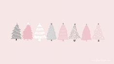 a row of christmas trees in pink and grey on a light pink background with stars