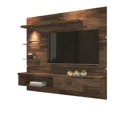 the entertainment center is made out of wood and has two shelves on each side, with a flat screen tv mounted above it