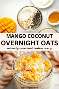 These Mango Coconut Overnight Oats are naturally sweetened and extra creamy. They are a perfect way to start your day with fresh tropical flavors! It's a blend of creamy yogurt, sweet juicy mango chunks, whole grain oats and nutritious chia seeds. Ideal for busy mornings, this easy-to-make breakfast can be prepared the night before and enjoyed the next morning or on the go. Perfect gluten free breakfast recipe, easy snack or healthy dessert! Mango Chia Overnight Oats, Overnight Oats Mango Coconut, Turmeric Overnight Oats, Overnight Oats Tropical, Mango Overnight Oats Healthy, Mango Coconut Overnight Oats, Overnight Oats Coconut Yogurt, Overnight Oats With Mango, Mango Overnight Oats Chia Seeds