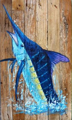 a painting of a blue marlin fish on wooden planks