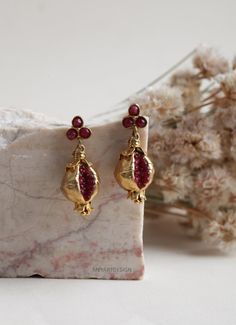 Pomegranate Design Earrings Pomegranete Jewelry Handmade - Etsy Handmade Gold Jewelry, Pomegranate Jewelry Handmade, Gold Jewellery Earrings, Turkish Jewellery, Pomegranate Jewelry, Small Atelier, Pomegranate Design, Gold Schmuck, Fancy Boxes