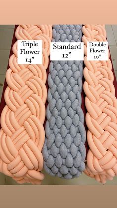 three different types of braided beds are shown in the same color and size, each with