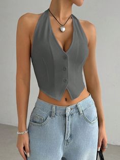 Regata Feminina Decote Halter Sem Manga de Cor Sólida com Abotoamento Simples, Verão Cinza Sensual   Tecido de malha Simples Frente-única Elasticidade Média  Women Clothing, size features are:Bust: ,Length: ,Sleeve Length: Elegant Cheap Tank Top For Clubwear, Girls Snow Boots, Halter Tank Top, Halter Tank, Slim Fit Top, Plain Color, Belted Coat, Top Summer, Casual Sets