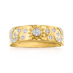 Ross-Simons - .10ct t. w. Diamond Moon, Sun, Star Ring in 18kt Yellow Gold Over Sterling. Size 9. Let your stack be a reflection of your unique personality! This ring features a whimsical motif of moons, suns and stars sparked by .10 ct. t. w. round diamonds twinkling across the 18kt yellow gold over sterling silver band. 1/4" wide. Diamond moon, sun and star ring. Diamond birthstones are the perfect gift for April birthdays. Heart Promise Rings, Moon And Star Ring, Diamond Birthstone, Moon Sun, Sun And Stars, Classic Engagement Rings, Natural Gold, Cz Jewelry, Jewelry Rings Diamond