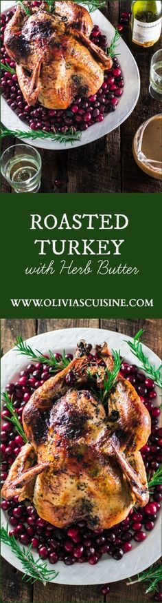 roasted turkey with herbs and cranberries on a white plate