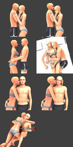 multiple images of the same man and woman in swimsuits, with different poses