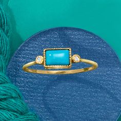 Ross-Simons - Turquoise and Diamond-Accented Ring in 14kt Yellow Gold. Size 6. RS Pure. Create the perfect stackable look with simple, modern jewelry. Add a hint of color to your outfit with our delicate ring! Here, a 4x6mm rectangular turquoise cabochon and diamond accents shine within milgrain frames. You'll wear this dainty 14kt yellow gold ring all day, every day. 3/16" wide. Turquoise ring. Turquoise And Diamond Ring, Accented Ring, Delicate Rings, Yellow Gold Ring, Turquoise Jewelry, Modern Jewelry, Yellow Gold Rings, Turquoise Ring, Gold Ring