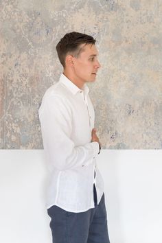 "Natural linen shirt for men with a gentle resemblance of classic men style. It's perfect for weddings and other occasions such as business meetings, birthday parties, or your significant other. This long sleeve shirt has 7 tiny coconut front buttons and could be easily suitable for all seasons and be worn as a summer/spring/fall/winter shirt - just match it with proper pants and jacket. DETAILS: - OEKO-TEX certified product (Sustainable Textile) - Your new favorite shirt - Spread collar - Butto Summer Relaxed Fit Button-up Dress Shirt, Summer Dress Shirt With Spread Collar And Button Closure, White Slim Fit Dress Shirt For Summer, White Linen Formal Shirt, Formal White Linen Shirt, Summer Formal Linen Shirt, Fitted Summer Shirt With Button Cuffs, Formal Summer Shirt With Buttons, Classic Summer Dress Shirt With Buttons