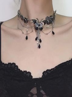 Black Silver Butterfly Tassel Choker | Jewelry | Three Fleas Silver And Black Jewelry Aesthetic, Black Butterfly Jewelry, Black Butterfly Accessories, Artistic Black Jewelry For Festival, Black Artistic Necklace, Trendy Halloween Party Necklaces, Caos Outfits, Butterfly Choker, Thigh Chain