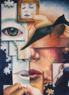 a painting with many different pictures on it and a person's face in the middle