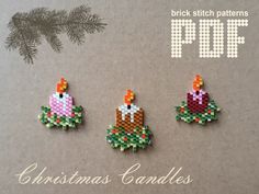 three christmas candles are sitting next to each other on a table with the words brick stitch patterns