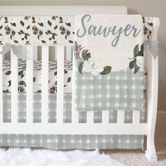 Sweet Magnolias Personalized Crib Bedding Crib Bedding Modified Tot Vintage Truck Nursery, Southern Nursery, Neutral Crib Bedding, Gender Neutral Crib, Gender Neutral Crib Bedding, Flat Skirt, Floral Crib Bedding, Sweet Magnolias, Neutral Crib