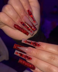 Long Acrylic Nail Designs With Rhinestones, Long Christmas Acrylic Nails Red, Baddie Red Nails Acrylic, Red And Silver Quince Nails, Red Nails Birthday Set, Red French Tip Nails With Diamonds, Xl Red Nails, Red Rhinestone French Tip Nails, Red Nails With Diamonds Rhinestones