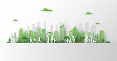 green cityscape with paper cut people in the foreground and skyscrapers in the background