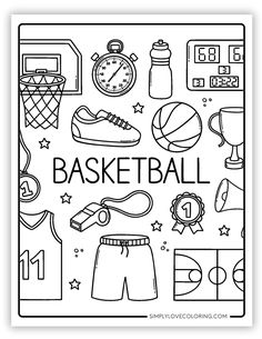 a black and white coloring page with the words basketball in front of various sports related items