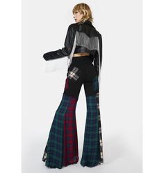 Current Mood Plaid Color Block Wide Leg Raw Hem Pants | Dolls Kill High Waist Patchwork Pants For Fall, Edgy Patchwork Cotton Bottoms, Fall Patchwork Wide Leg Bottoms, Fall Plaid Patchwork Bottoms, Trendy Patchwork Pants For Fall, Edgy Fitted Patchwork Bottoms, Edgy Plaid Bottoms For Fall, 90s Platform Shoes, Grunge Clothing