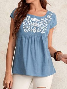 Cap Sleeve Plants Embroidered Top | EMERY ROSE Rose Cap, Coachella Dress, Casual Cap, Babydoll Top, Blue Top, Dressy Casual, Trendy Fashion Women, Embroidered Top, Cap Sleeve