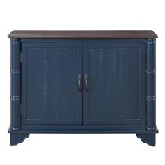 a blue cabinet with two doors and drawers on the front, one door is open