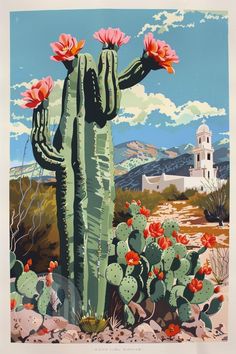 a painting of a cactus with flowers in the foreground