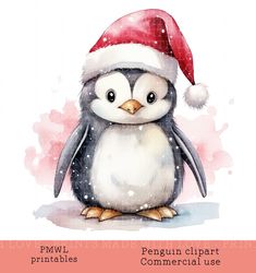 a penguin wearing a santa hat and sitting on top of a snow covered ground with words below it