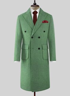 Transform the style into a timeless stream of elegance by pairing our Highlander Heavy Paris Green Tweed Overcoat. Primarily cut from a pure wool fabric that exudes a deep, lush, incredibly soft feel with a solid finish over green hues. Likewise, the material provides a notable warmth to pass through wintry weather. Most significantly, aligning a refined fabric with impeccable tailoring reflects a timeless style with a silhouette that hugs the body with carved outlines for utmost comfort in sty Mens Wool Overcoat, Tweed Overcoat, Paris Green, Older Mens Fashion, Long Overcoat, Green Tweed, Big Men Fashion, Classy Suits, Wool Overcoat