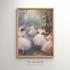 an oil painting of four ballerinas in white tutus, with the words nine art brush